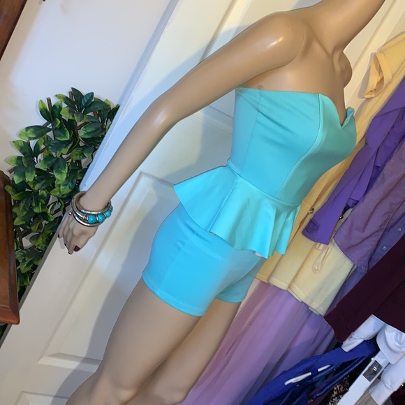 Turquoise strapless bustier leather peplum shorts romper playsuit jumpsuit S - Picture 13 of 15